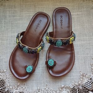 BCBGirls Vintage Stones Toe Loop Strap Flat Sandals